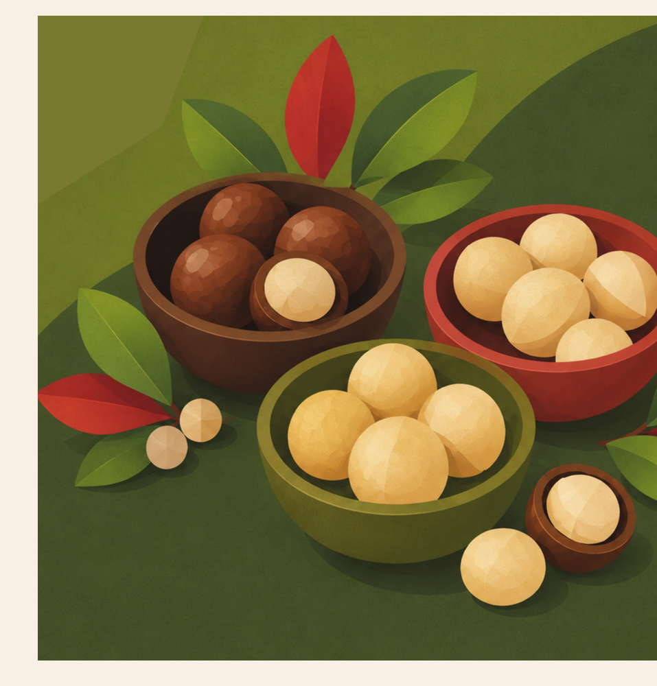 Three bowls of premium macadamia nuts with leaves